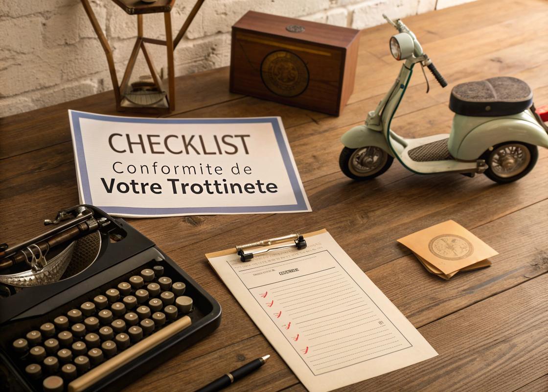 Modèle de checklist sur un bureau en bois, avec mention 'Checklist : Conformité de Votre Trottinette', un scooter électrique, un certificat d'immatriculation et des documents d'assurance, le tout dans un style vintage avec éclairage chaleureux.