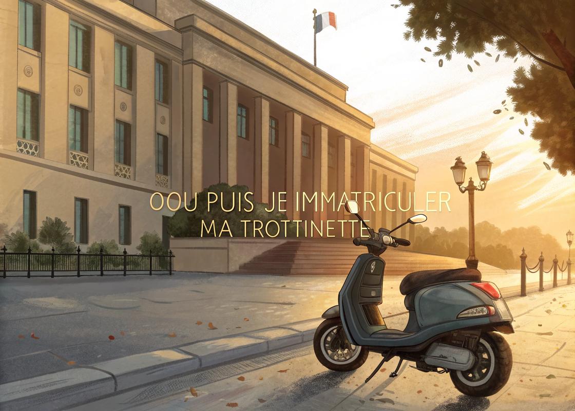 Illustration artistique d'un scooter électrique avec siège, stationné près d'un bâtiment gouvernemental, avec le texte 'Où Puis-je Immatriculer Ma Trottinette' inscrit de manière élégante, dans un style hybride aquarelle et réalisme numérique avec des tons terreux chauds et une ambiance cinématographique.