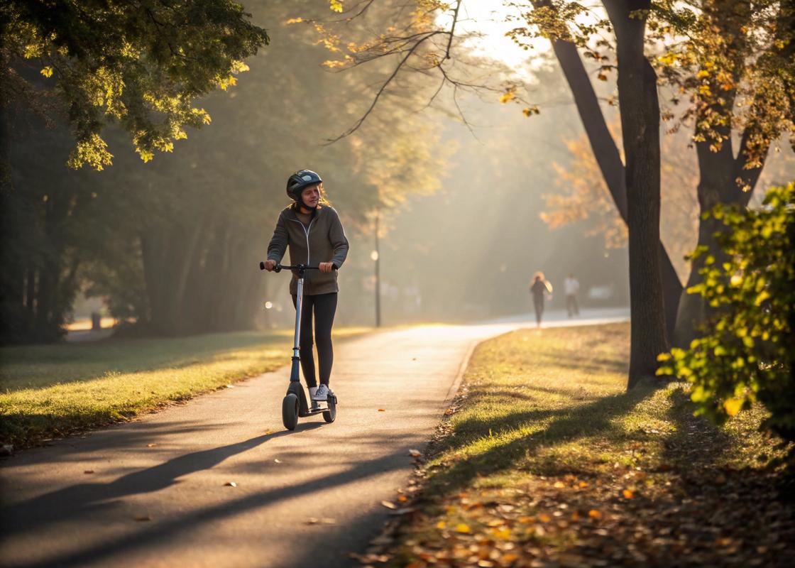 Jeune adulte en tenue sportive avec casque, roulant sur une trottinette classique dans une allée de parc ombragée, avec des couleurs chaudes d'automne et un arrière-plan flouté.