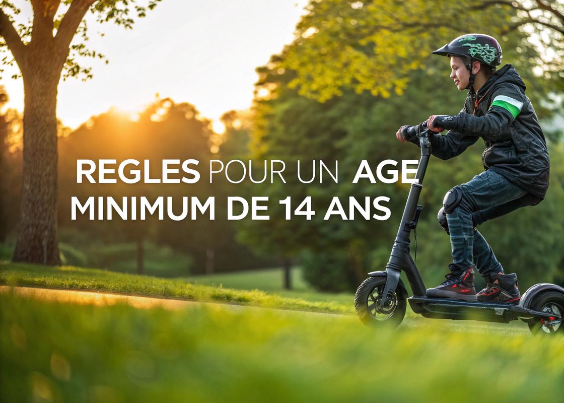Jeune rider en tenue de protection sur un scooter électrique dans un parc verdoyant sous une lumière dorée avec du texte affichant les règles d'âge minimum de 14 ans