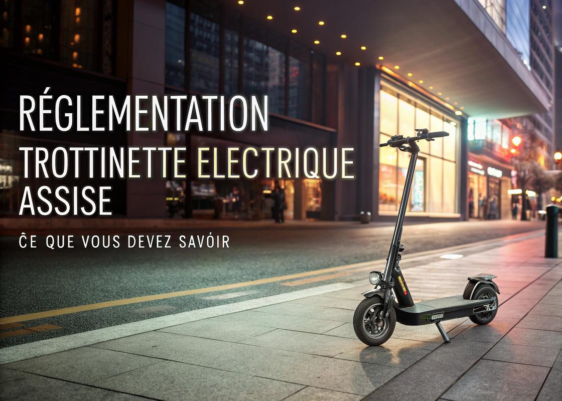 Un scooter électrique avec siège sur une rue urbaine moderne, éclairé de manière cinématographique avec le texte 'Réglementation Trottinette Électrique Assise' en graphisme audacieux, entouré de lumières néon