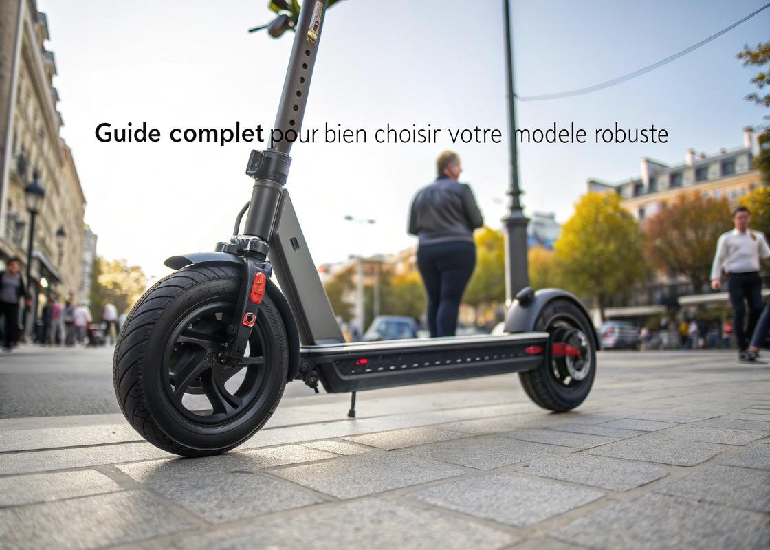 Trottinette adulte noire et argent non électrique positionnée sur un trottoir urbain, avec des passants et des éléments de la ville en arrière-plan.