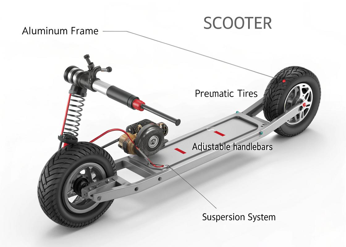 Vue éclatée technique d'un scooter robuste non électrique avec cadre en aluminium, pneus gonflables, guidon ajustable et système de suspension, annoté de détails techniques sur fond blanc.