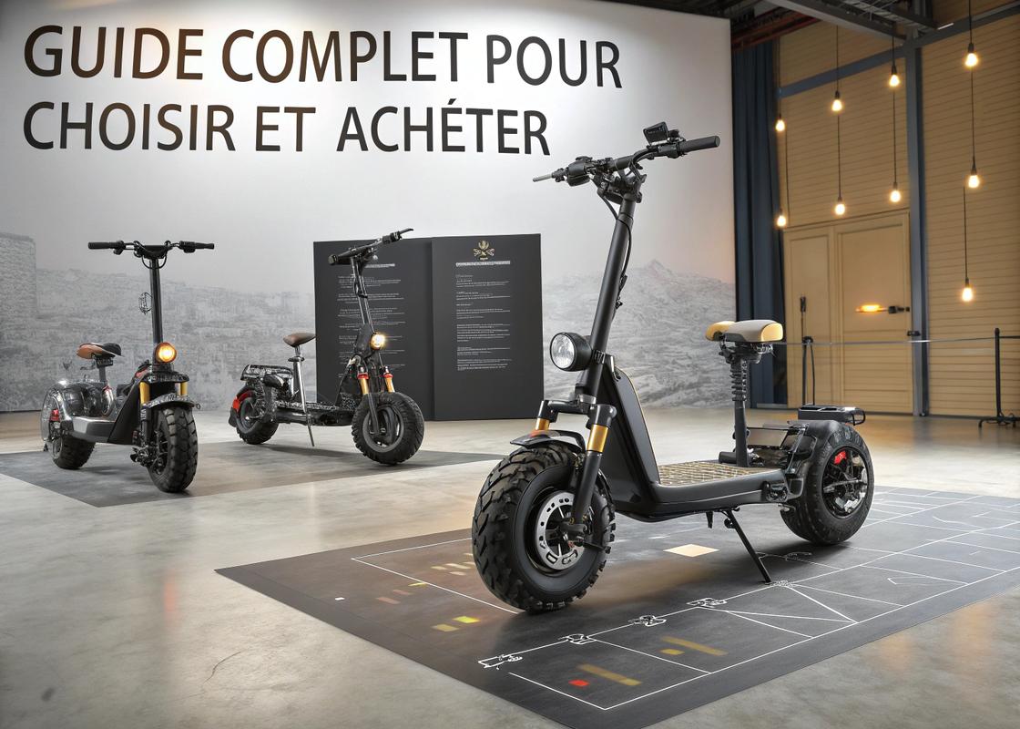 Scooter électrique tout-terrain avec suspension avant et arrière, pneus larges crantés, traversant un terrain boueux sous une lumière dramatique et un ciel orageux.
