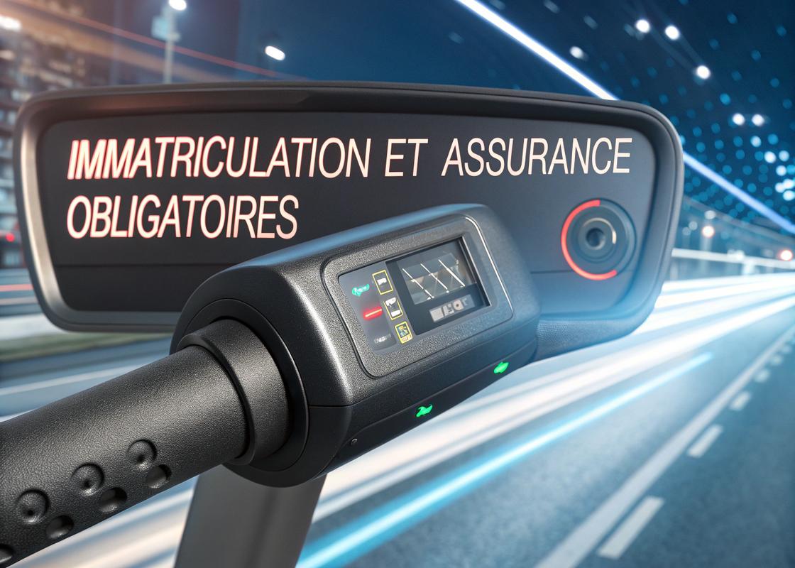Vue rapprochée du panneau de contrôle d'une trottinette électrique avec réglages de vitesse et mentions en français 'Immatriculation et Assurance Obligatoires', sur fond d'éclairage vibrant en bleu et blanc avec des superpositions de données numériques.