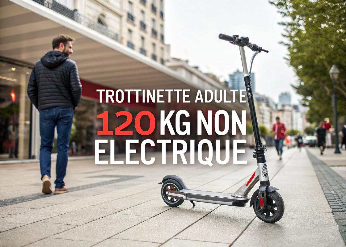 Scooter robuste adulte avec cadre en aluminium et grandes roues sous un éclairage cinématographique urbain, accompagné du texte 'Guide complet pour bien choisir votre modèle robuste'.