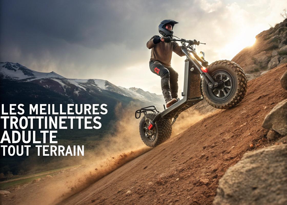 Trottinette électrique tout-terrain avec pneus agressifs et suspension double grimpant un sentier en terre raide sous un éclairage cinématique.