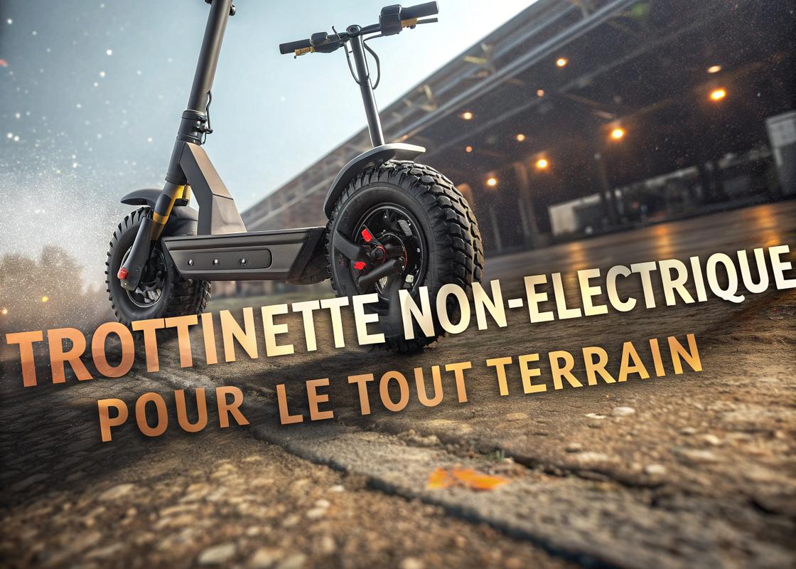 Adulte en action sur un scooter tout-terrain haute performance dans un sentier forestier avec une typographie aventure 'Guide Complet pour Choisir la Meilleure'