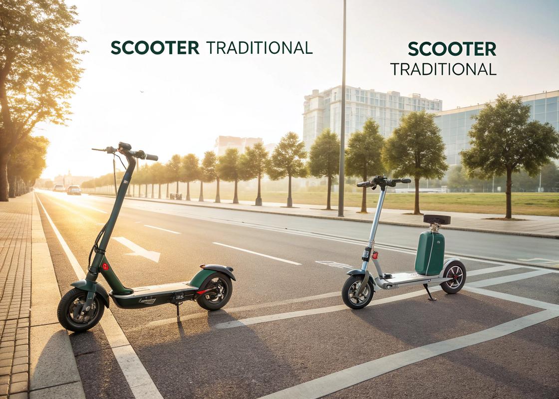 Infographie comparant deux trottinettes électriques, une classique et une avec siège, sur une route urbaine ensoleillée, avec des étiquettes en français indiquant leurs différences.