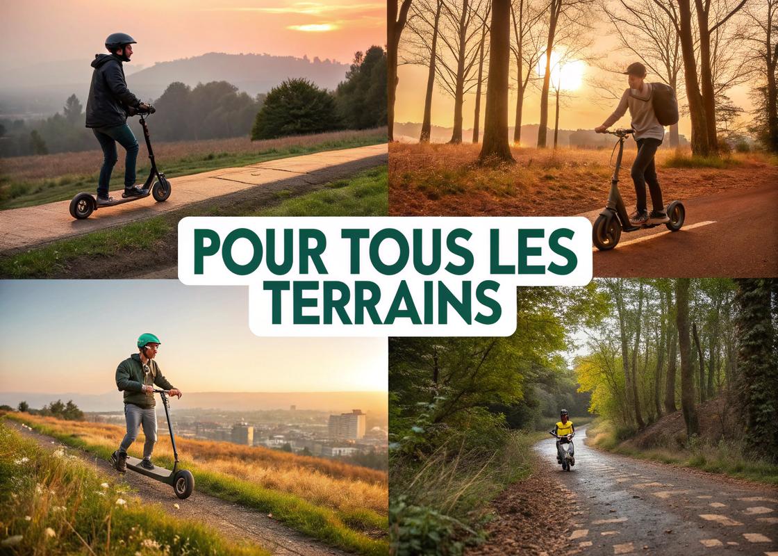 Trottinette robuste non-électrique avec de grandes roues crantées, pneus pleins, cadre métallique, et texte en français sur fond dynamique et éclairé.