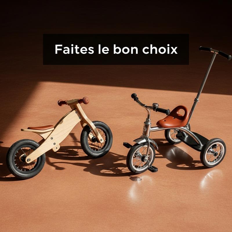 Vue de dessus d'une draisienne en bois et d'un tricycle posés côte à côte sur un sol en terre cuite, avec le texte Faites le bon choix