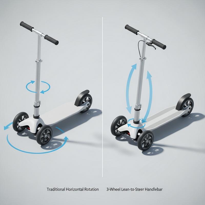 Illustration 3D technique comparant un guidon de trottinette classique pivotant horizontalement et un système à trois roues s'inclinant latéralement