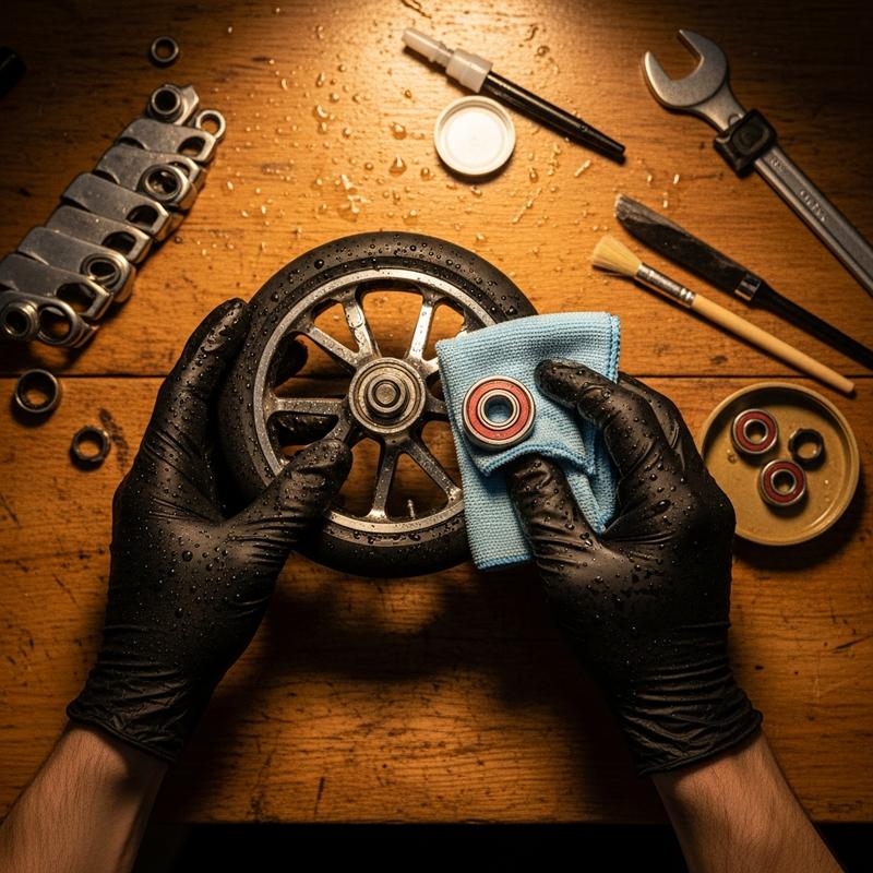 Mains gantées de mécanicien nettoyant les roulements d'une roue de trottinette humide avec un chiffon en microfibre sur un établi en bois