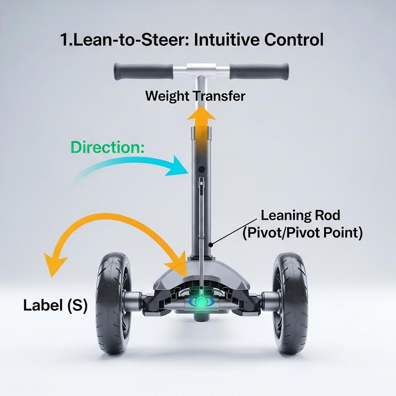Trottinette à 3 roues vue de face avec des flèches illustrant le transfert de poids à gauche et le pivotement des roues