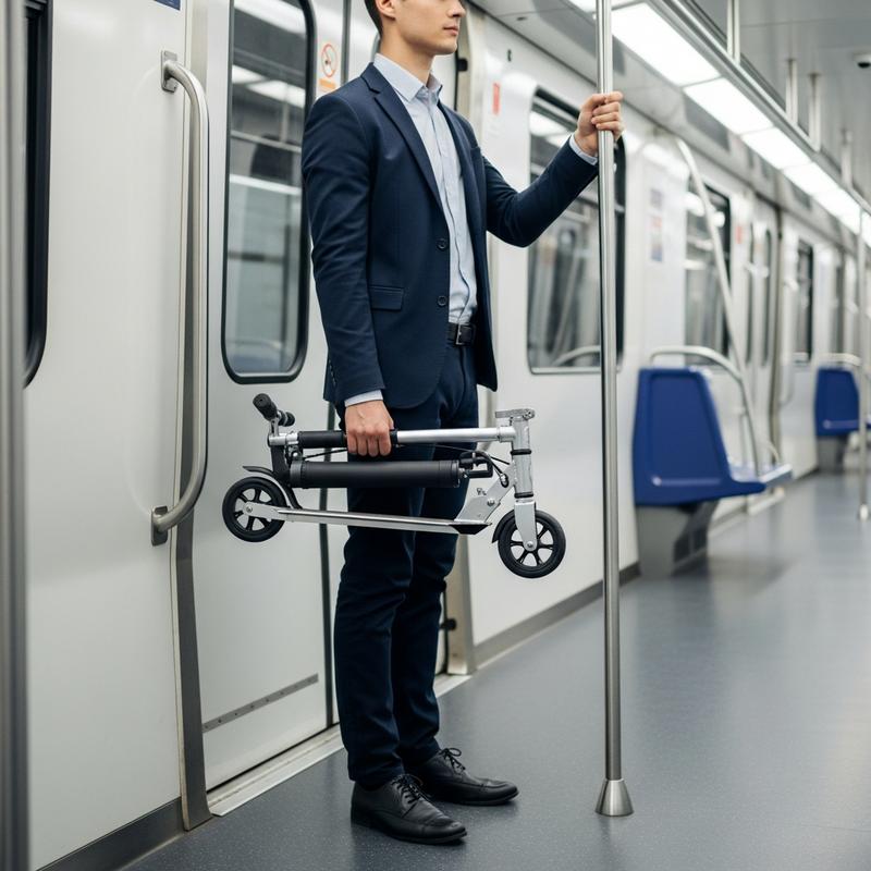 Jeune professionnel debout dans un métro lumineux, tenant une trottinette adulte pliée et compacte d'une main.