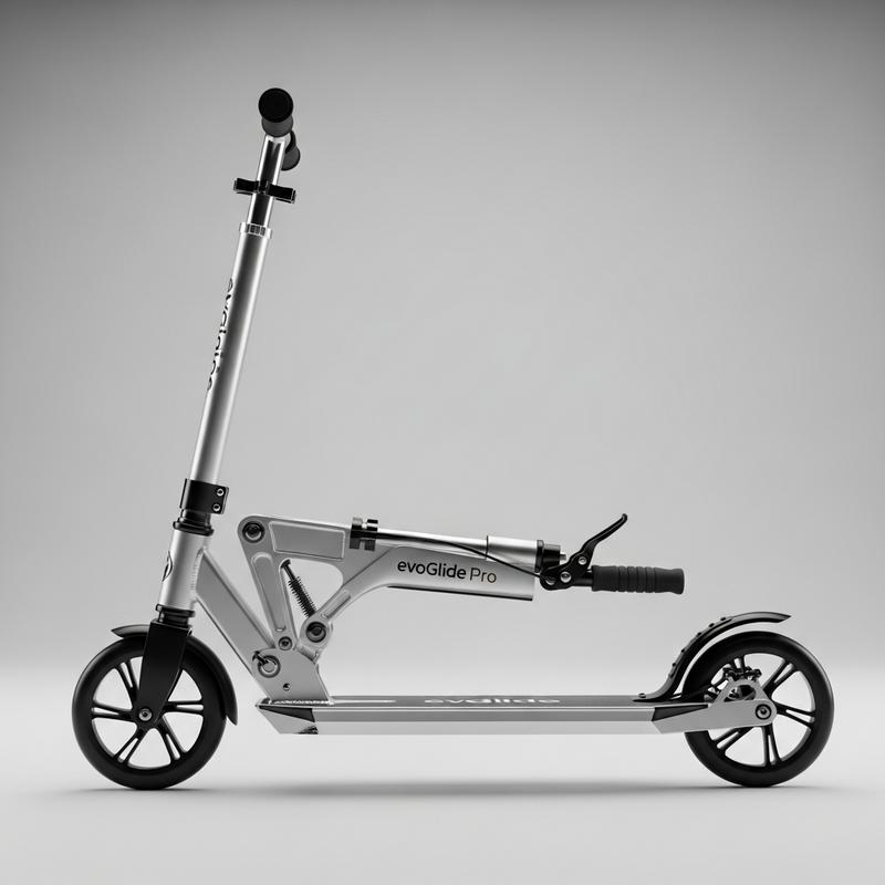 Trottinette 2 roues en métal pour enfant vue de profil en studio, illustrant le mécanisme de pliage et le frein arrière.