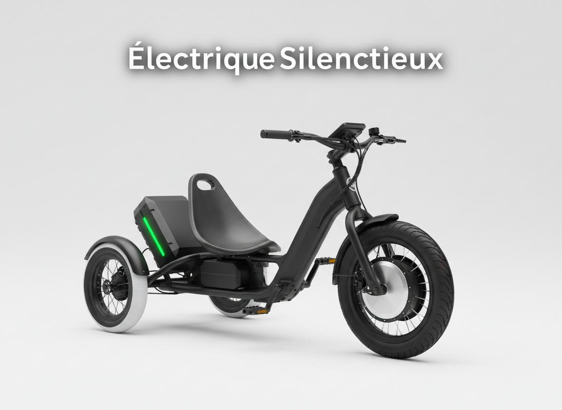 Drift trike au châssis tubulaire robuste et large roue avant de karting sur circuit, avec texte Robustesse Premium.