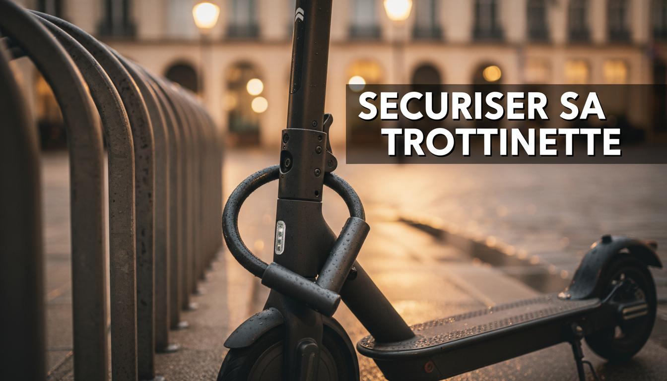 Antivol en U robuste fixant le mécanisme de pliage d'une trottinette électrique à un arceau urbain en acier avec le texte 'SECURISER SA TROTTINETTE'.