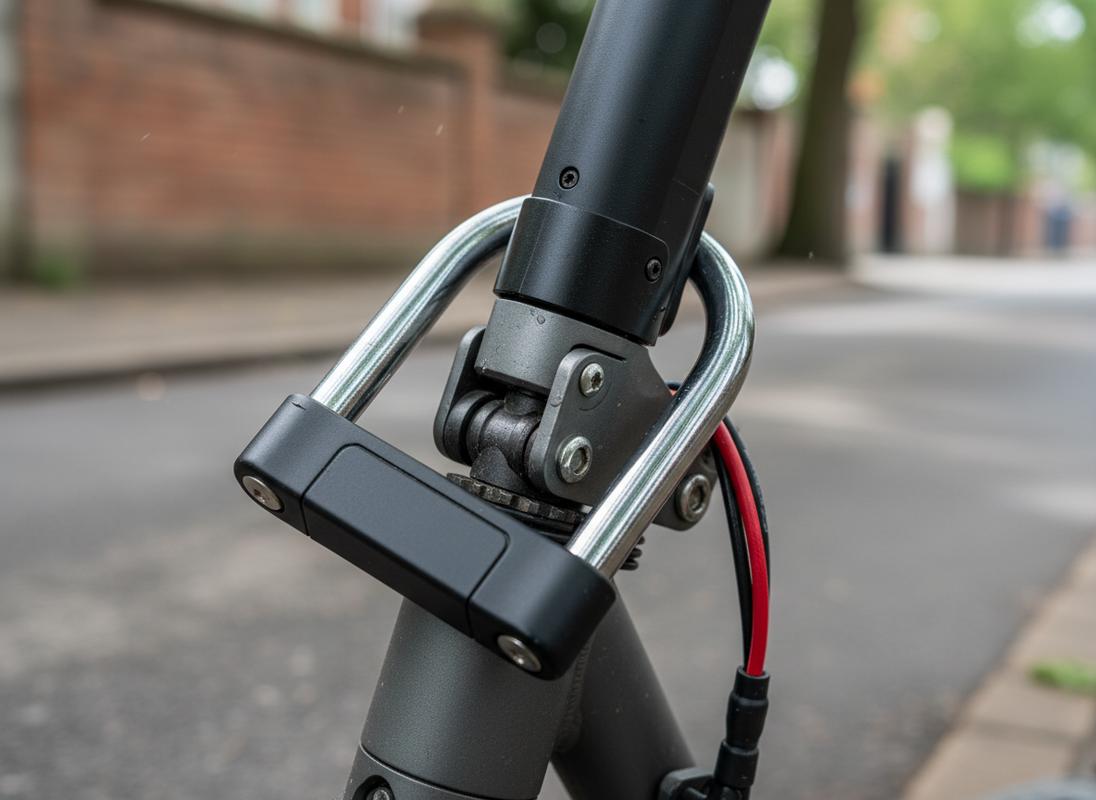 Antivol en U positionné autour de la potence et du mécanisme de pliage d'une trottinette électrique grise par un éclairage urbain.