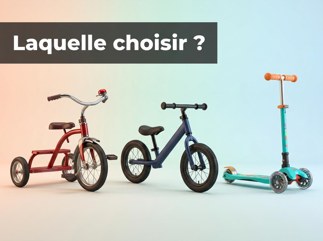 Tricycle, draisienne et trottinette pour enfant alignés sur fond pastel avec un bandeau affichant 'Laquelle choisir ?'.