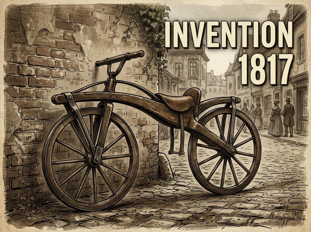 Profil d'une draisienne historique en bois sans pédales appuyée contre un mur de briques sur une rue pavée, ambiance sépia avec texte Invention 1817.