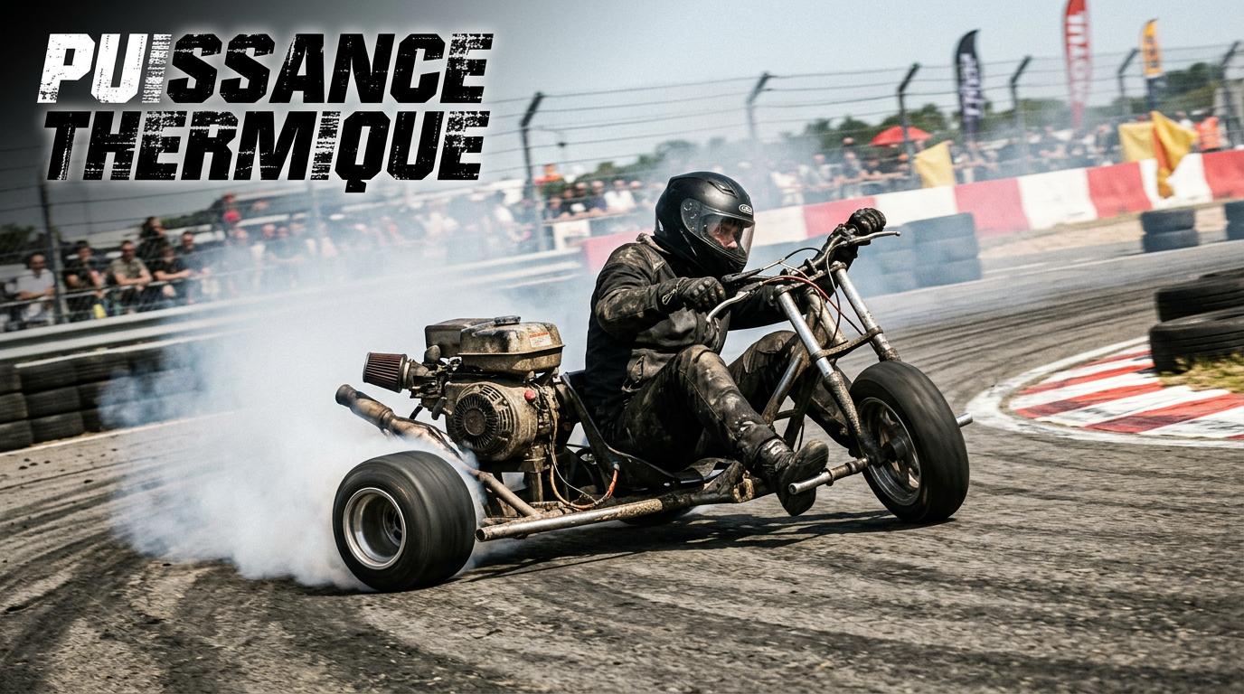 Drift trike à moteur thermique 196cc en pleine action sur un circuit asphalte
