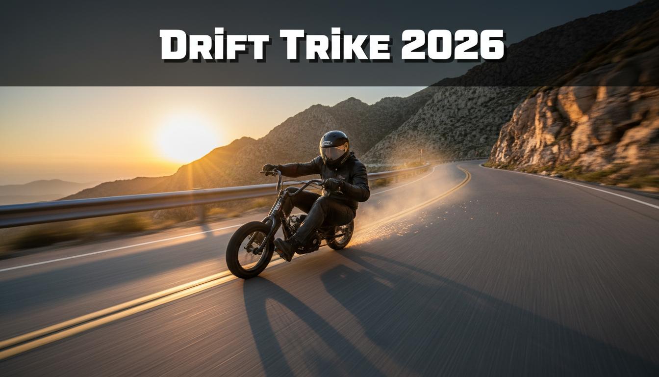 Pilote en dérapage sur un drift trike motorisé sur une route de montagne au coucher du soleil avec des étincelles et l'inscription Drift Trike 2026.