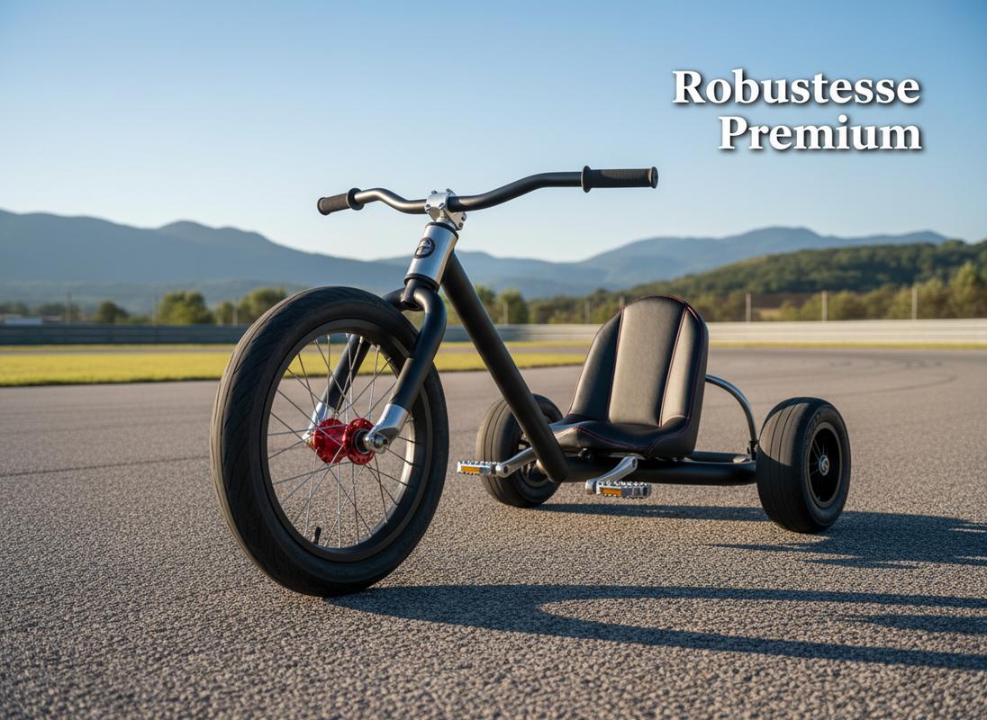 Drift trike à moteur thermique 196cc glissant dans un virage serré sur circuit avec fumée d'échappement et texte Puissance Thermique.