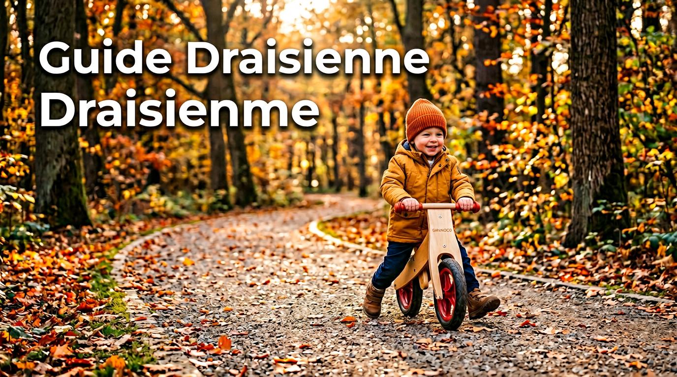 Jeune enfant s'amusant sur une draisienne en bois dans un parc aux couleurs d'automne avec l'inscription Guide Draisienne.