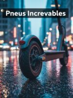Roue arrière de trottinette électrique avec pneu plein alvéolé sur un bitume mouillé reflétant des néons urbains, avec le texte Pneus Increvables.