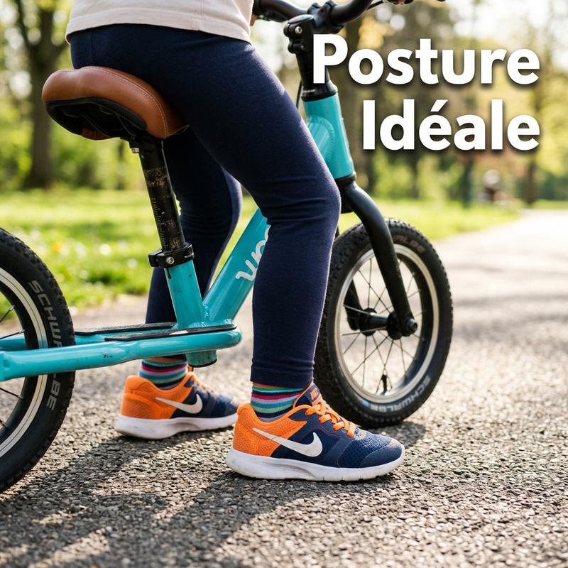Pieds d'un enfant posés bien à plat au sol sur une draisienne à selle réglable, avec le texte Posture Idéale en superposition.