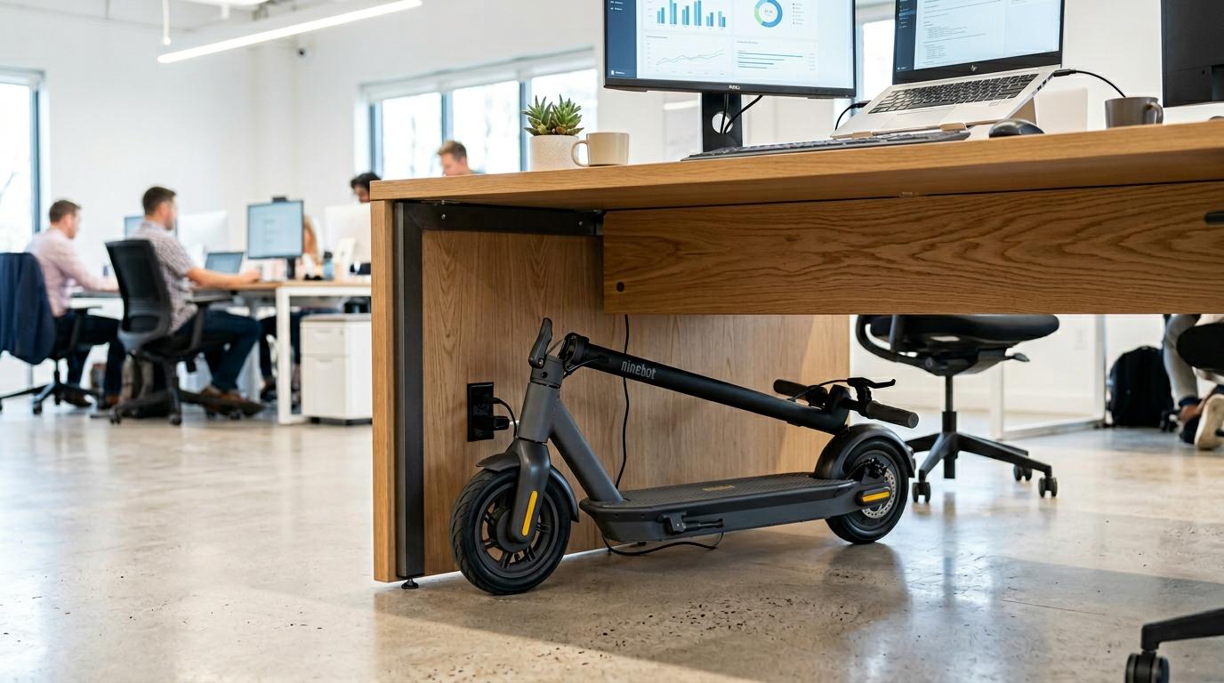 Trottinette électrique pliée soigneusement rangée sous un bureau en bois moderne dans un espace de travail professionnel lumineux.