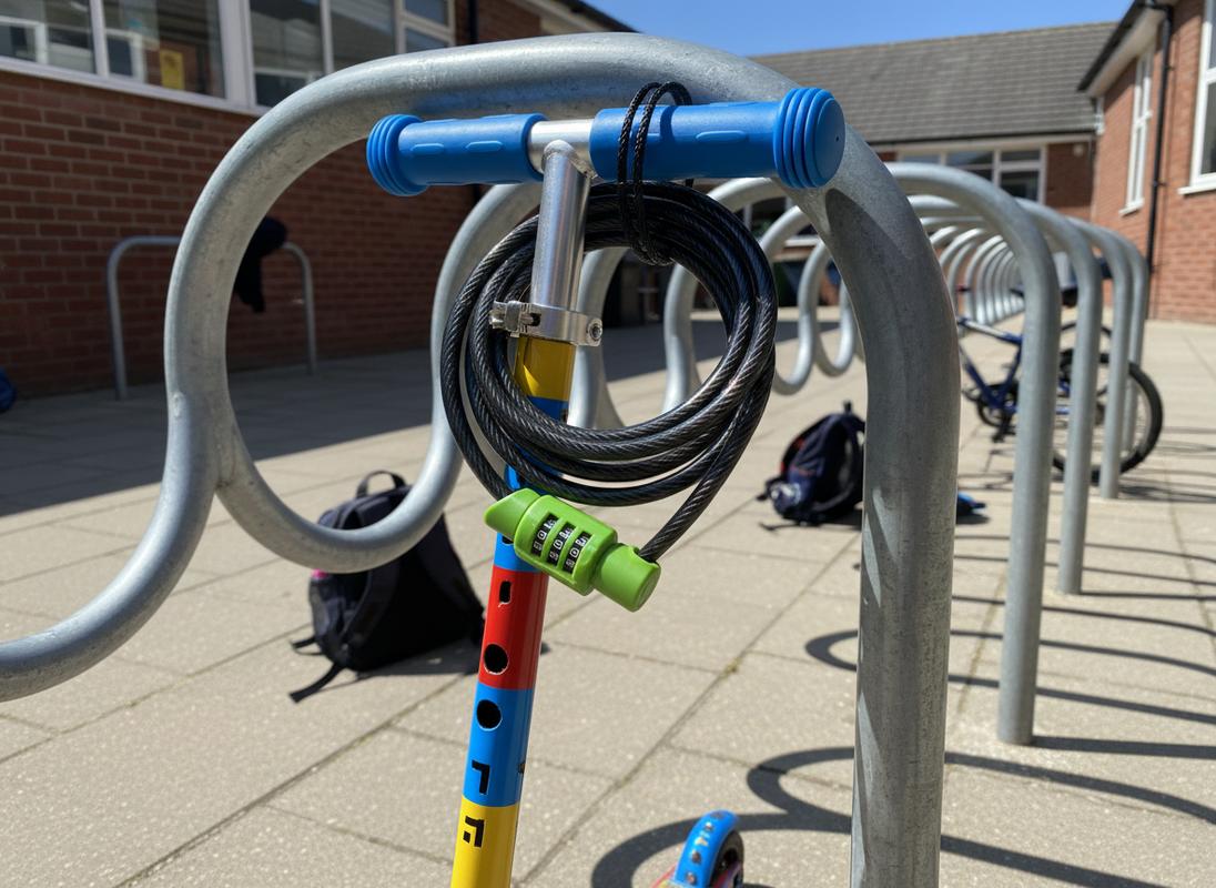 Une trottinette d'enfant colorée est attachée à un râtelier à vélos par un antivol à câble enroulé plusieurs fois par temps ensoleillé.