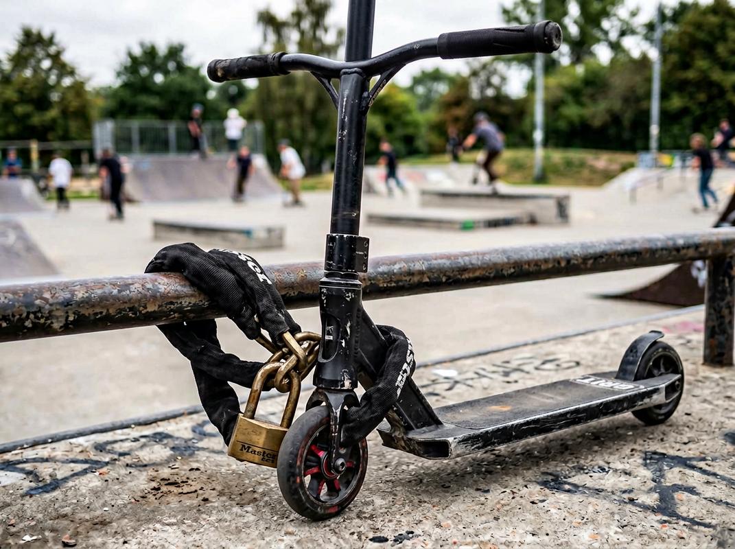 Trottinette freestyle robuste sans pliage attachée par un antivol à chaîne sur un rail métallique dans un skatepark urbain.