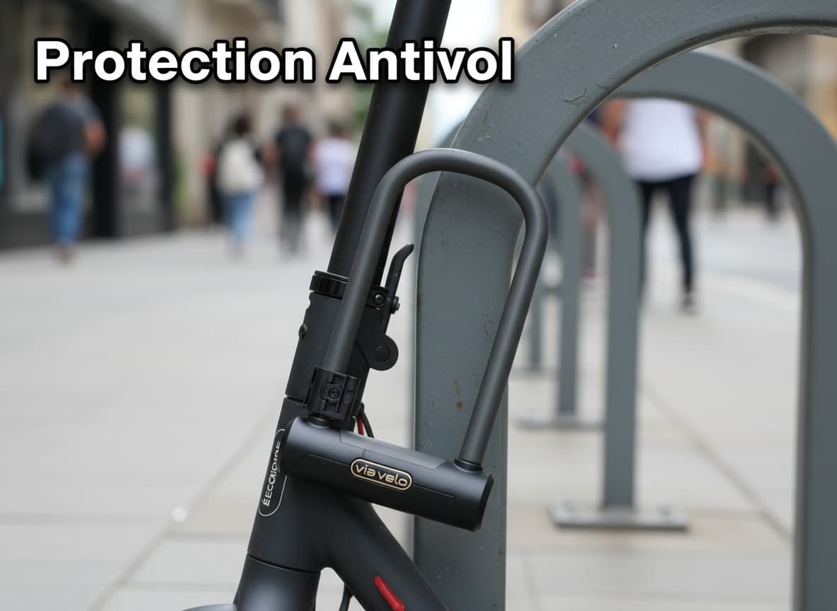 Antivol en U massif attaché au châssis d'une trottinette électrique fixée à un support métallique urbain sur un trottoir.