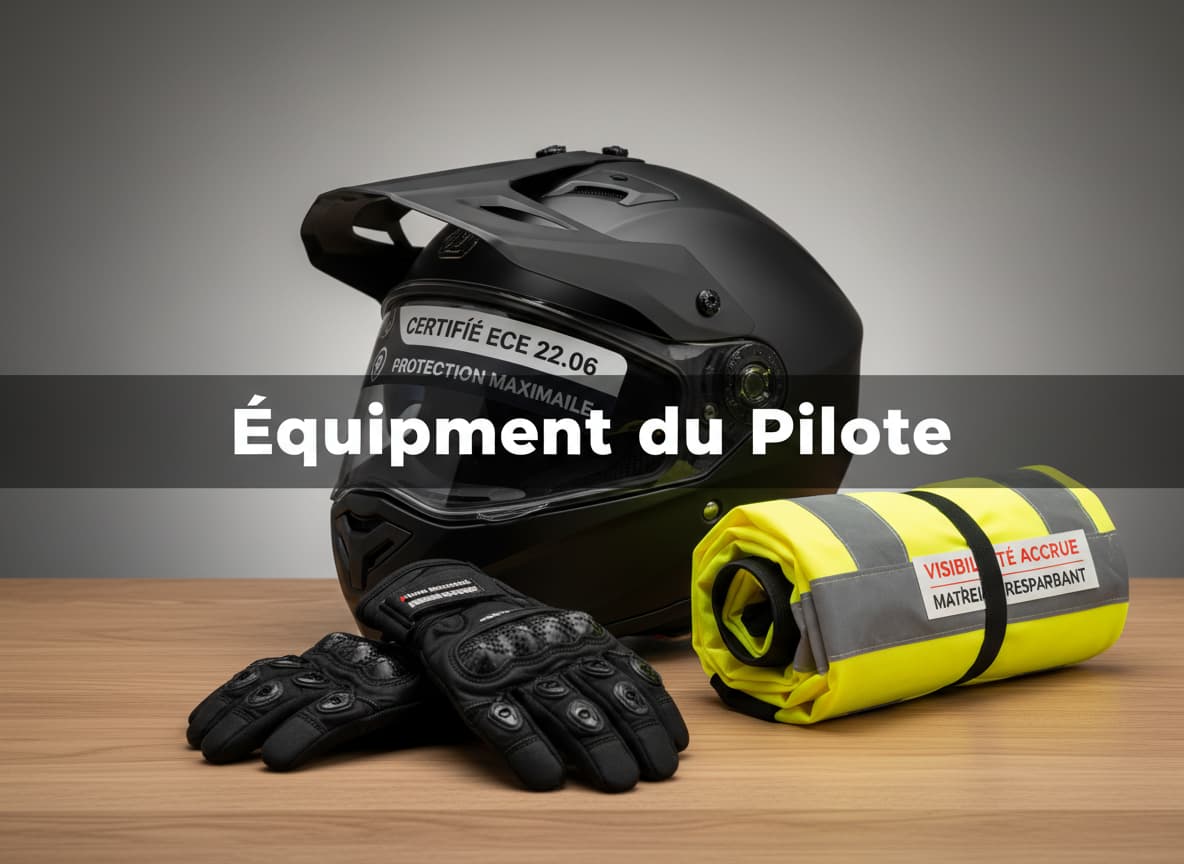 Un casque de trottinette électrique, des gants de protection et un gilet de sécurité jaune sont posés sur du bois sous l'inscription Équipement du Pilote.