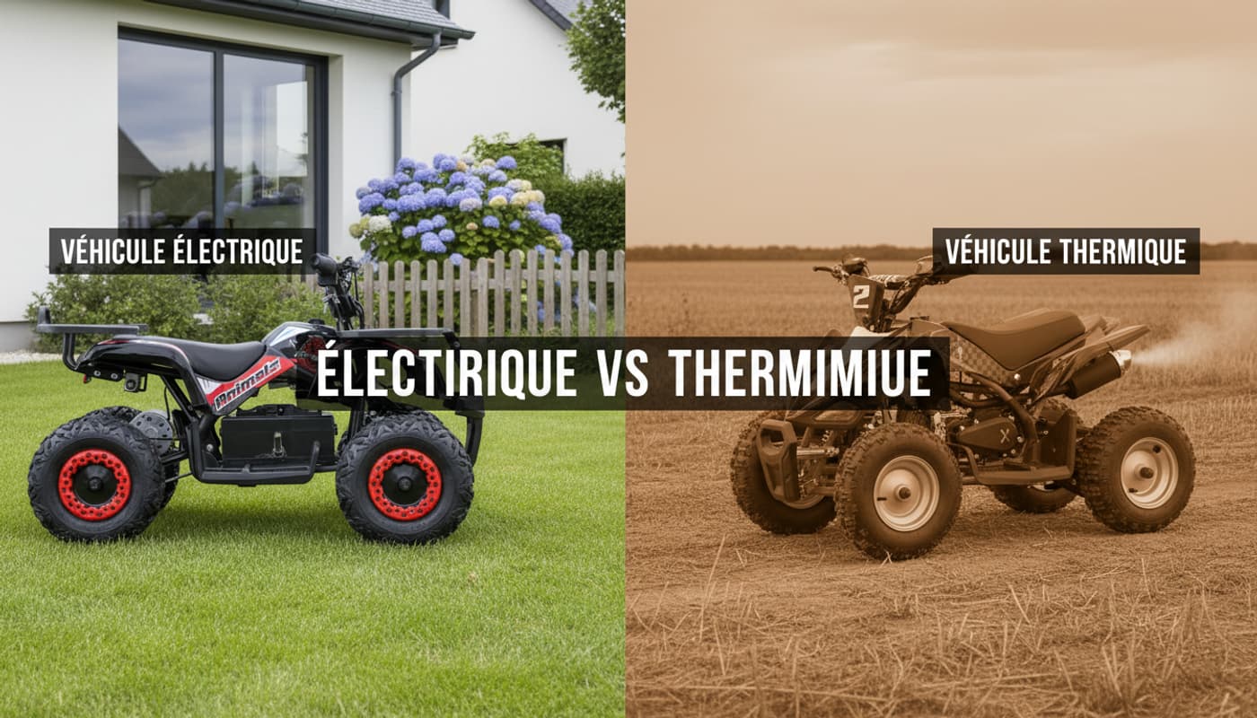 Vue comparative d'un quad enfant électrique dans un jardin et d'un quad enfant thermique dans un champ avec le texte Electrique vs Thermique au centre.