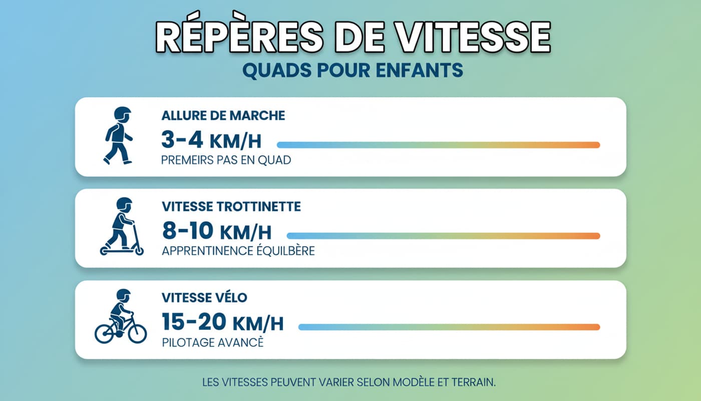 Infographie montrant les paliers de vitesse d'un quad enfant comparés à la marche, au vélo et à la trottinette avec icônes et titre Repères de vitesse.