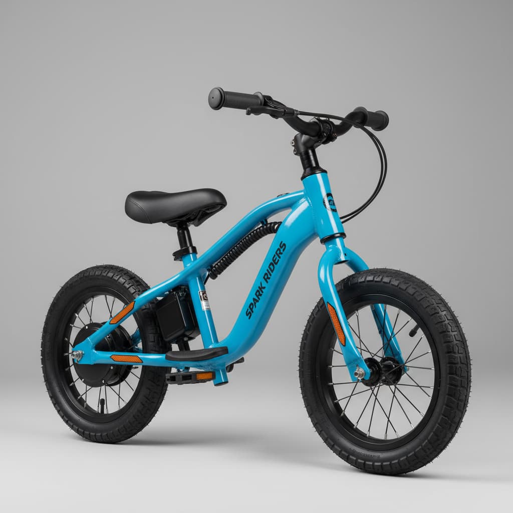 Draisienne électrique bleue pour enfant avec cadre en aluminium, roues de douze pouces et réflecteurs de sécurité sur fond gris neutre.