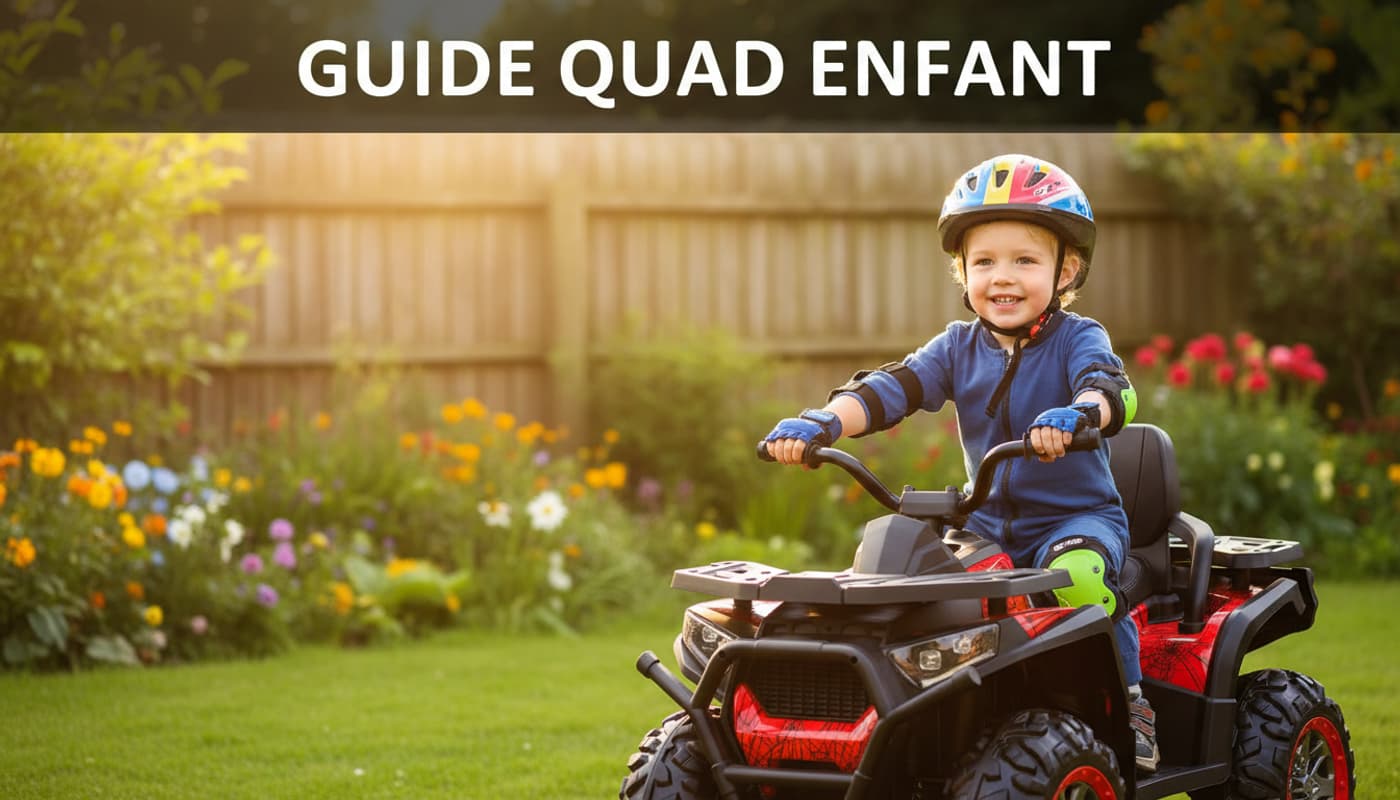 Enfant souriant avec casque coloré assis sur un quad électrique rouge dans un jardin ensoleillé avec le texte GUIDE QUAD ENFANT en surimpression.