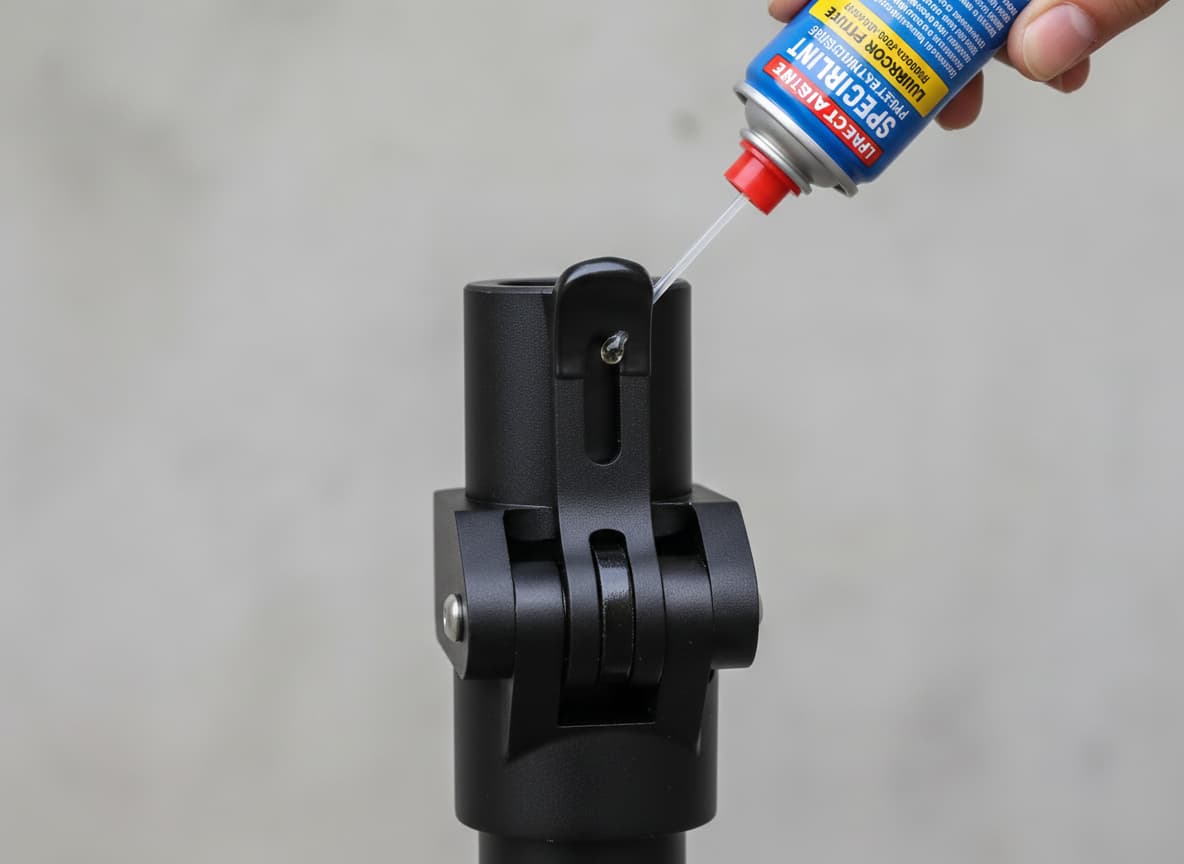 Un flacon de lubrifiant avec étiquette en français est appliqué avec précision sur l'axe métallique du mécanisme de pliage d'une trottinette électrique.