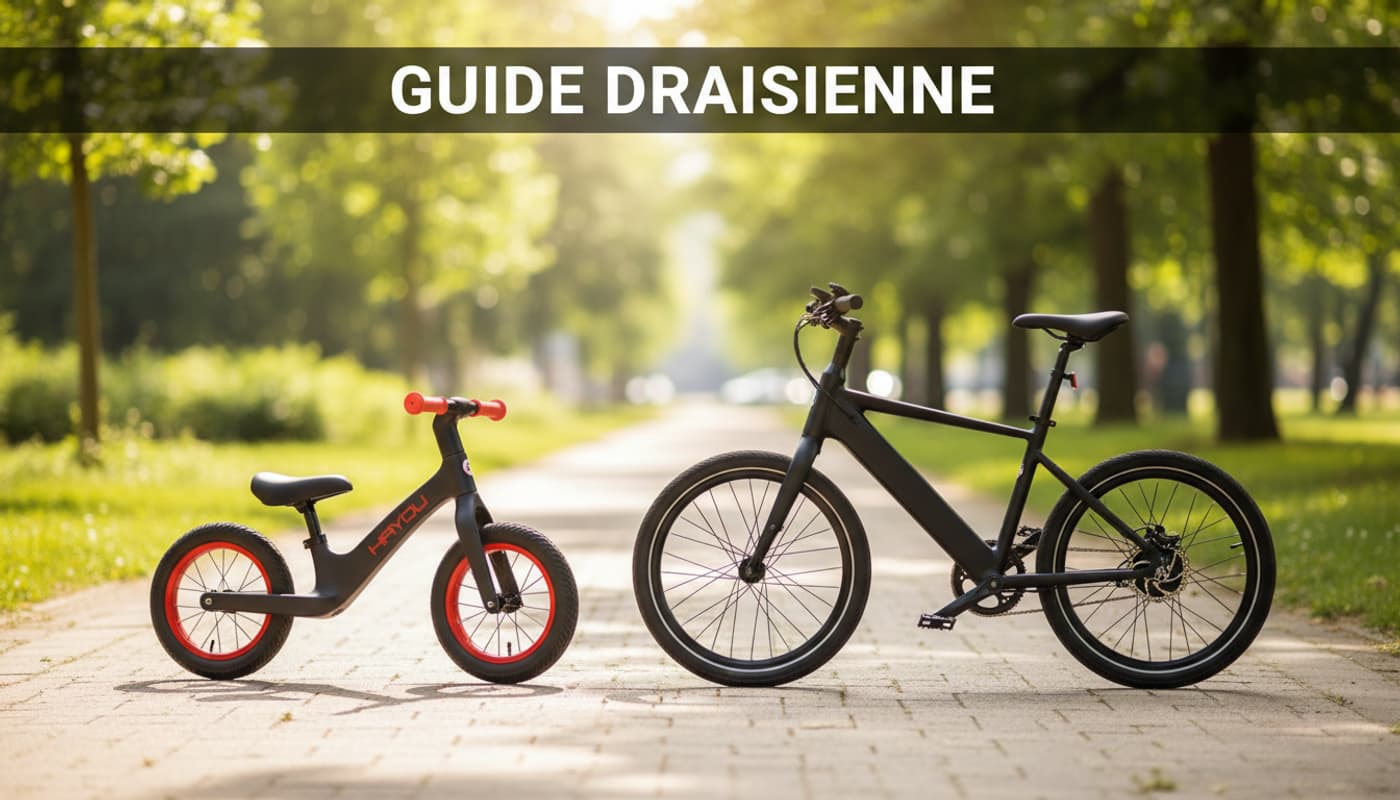 Draisienne électrique enfant colorée et modèle adulte noir mat sur allée urbaine ensoleillée avec titre Guide Draisienne en surimpression.
