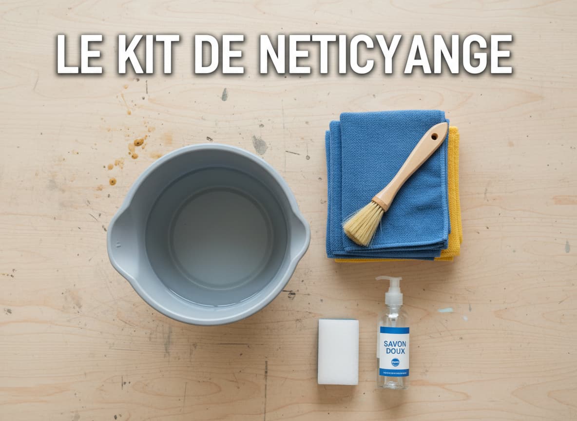 Kit de nettoyage pour trottinette électrique avec seau, microfibres et brosse disposés sur un établi sous le texte Le Kit de Nettoyage.