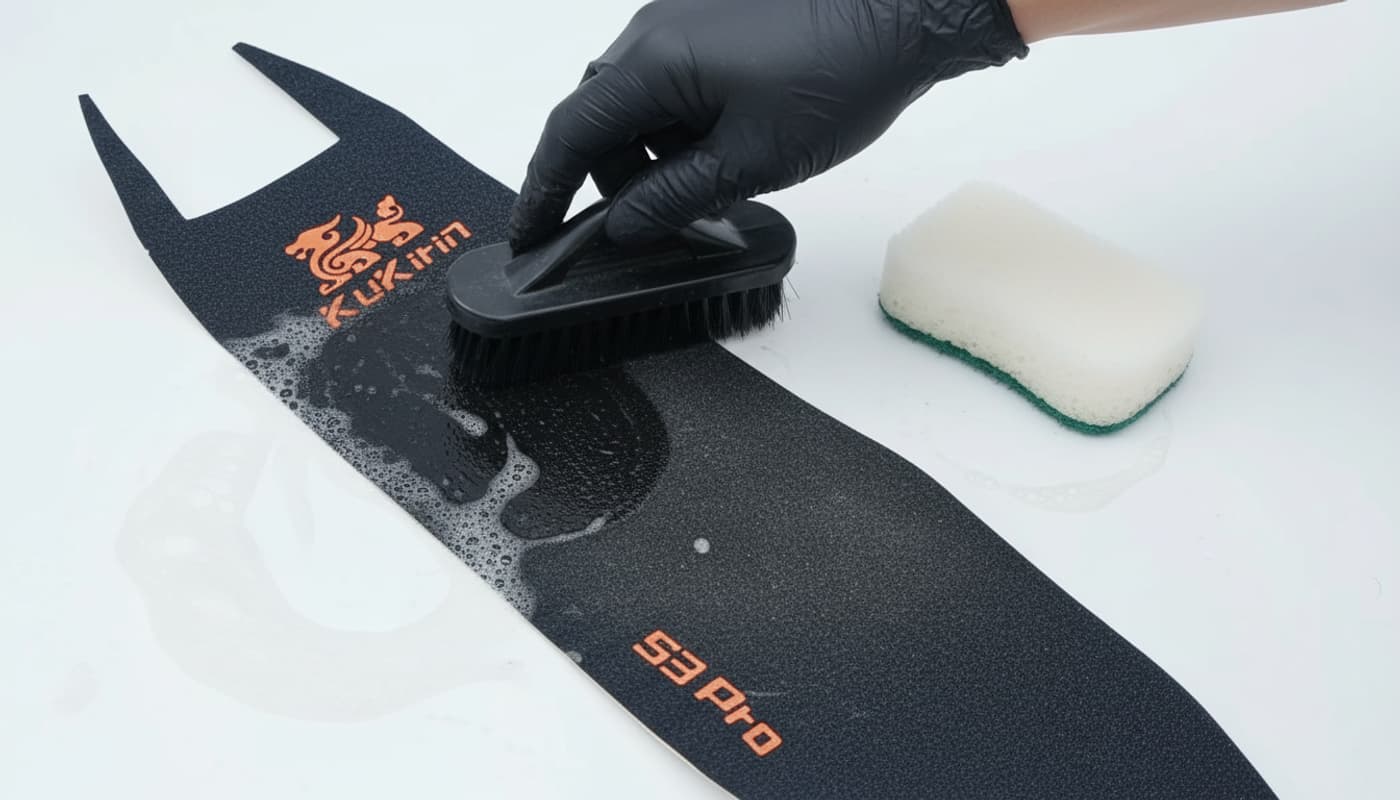 Une main frotte le grip antidérapant d'une trottinette électrique avec une brosse souple, révélant un contraste marqué entre la zone propre et sale.