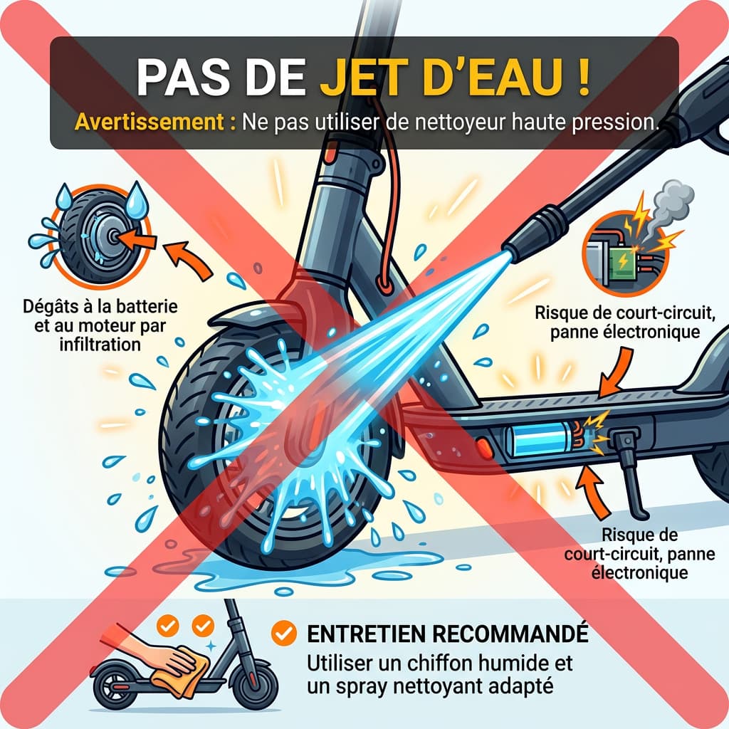 Une buse haute pression dirigée vers la batterie d'une trottinette électrique est barrée d'une croix rouge avec le texte d'avertissement PAS DE JET D'EAU.