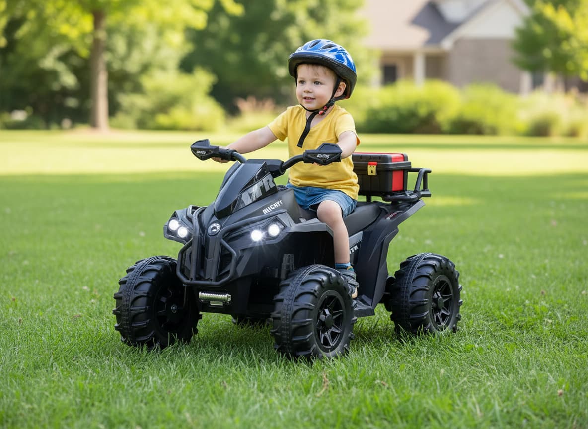 Un enfant de cinq ans pilote un quad électrique 12V avec un petit coffre de rangement sur une pelouse verte ensoleillée.