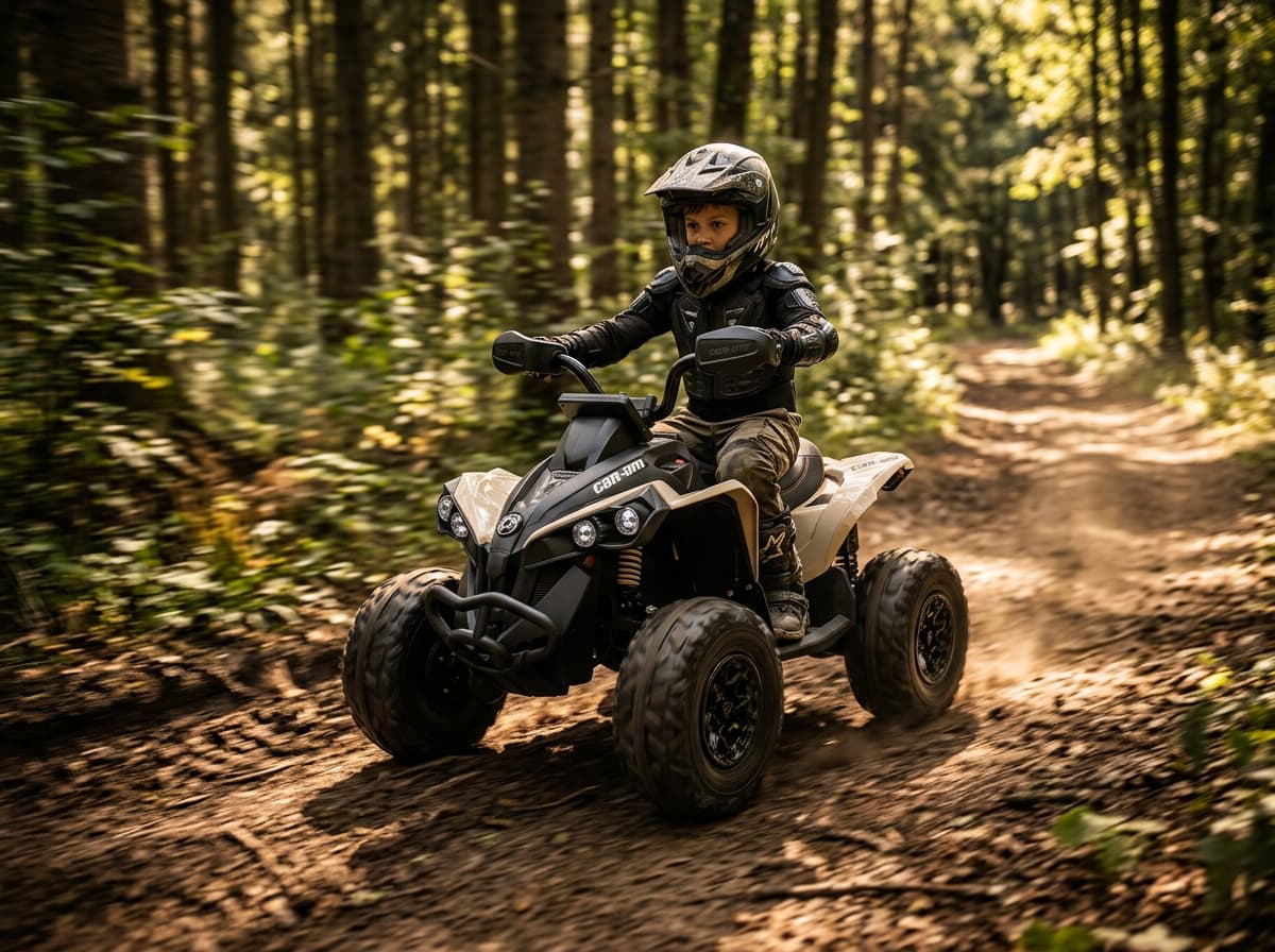 Un enfant équipé d'un casque et de gants pilote un quad électrique 24V sur un chemin forestier avec un léger flou de mouvement en arrière-plan.