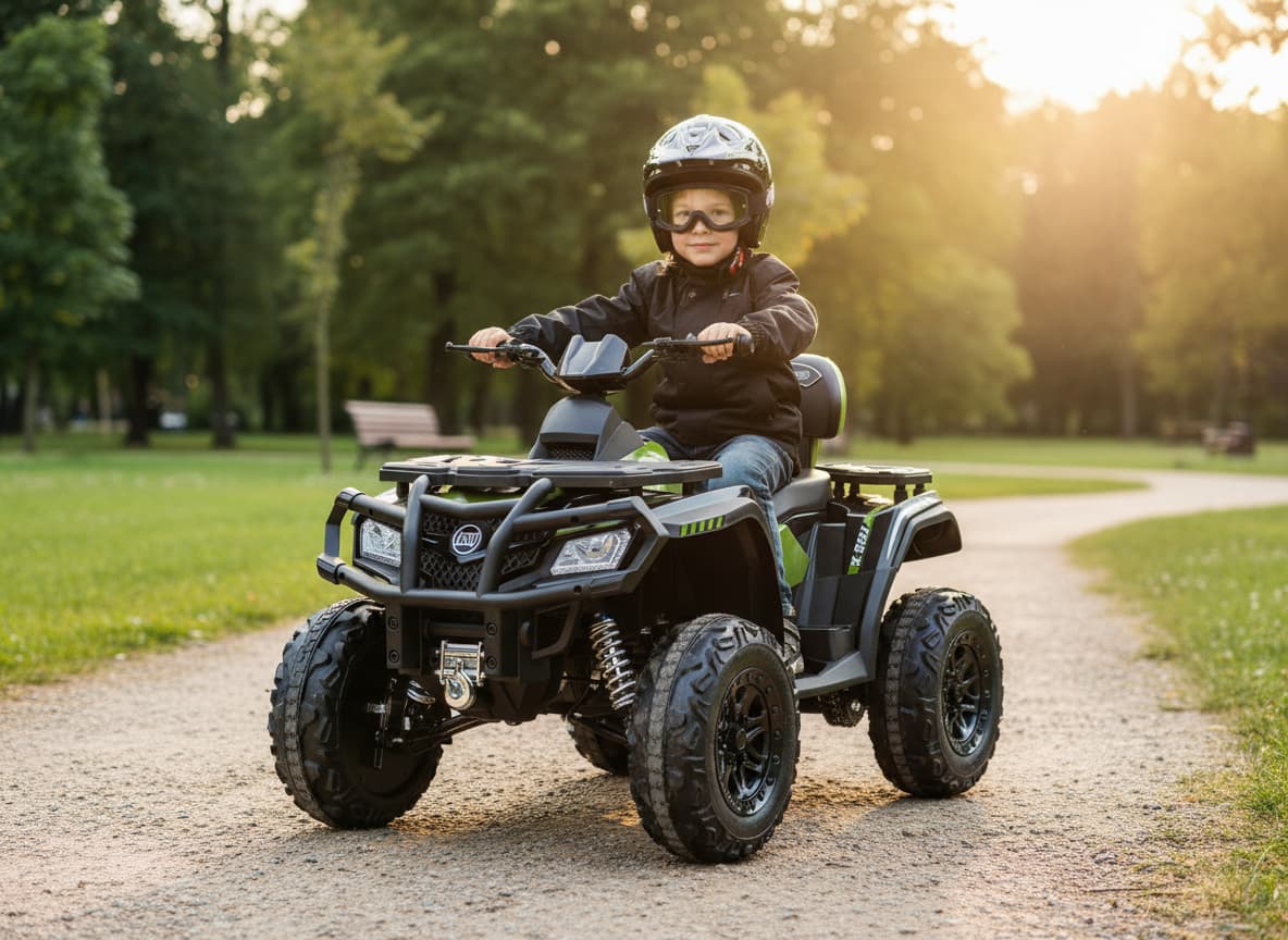 Un enfant de sept ans conduit un quad électrique robuste doté de suspensions apparentes et de pneus en gomme sur un chemin de graviers.