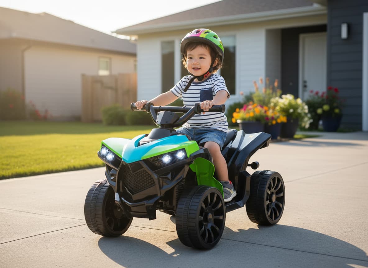 Un jeune enfant de trois ans est assis sur un petit quad électrique coloré aux roues larges dans une allée sous une lumière matinale douce.