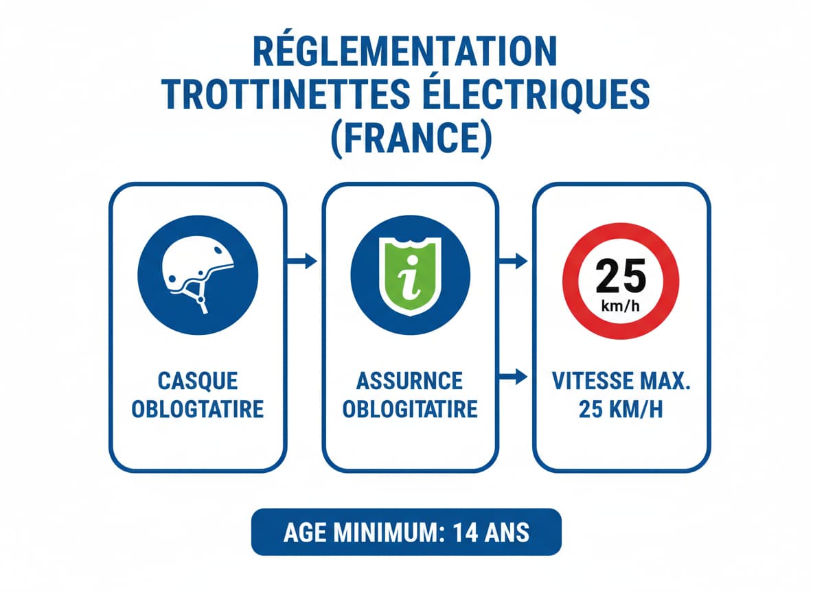 Infographie montrant les règles de sécurité pour draisienne électrique avec icônes de casque, vignette d'assurance et limite vitesse 25 km/h.